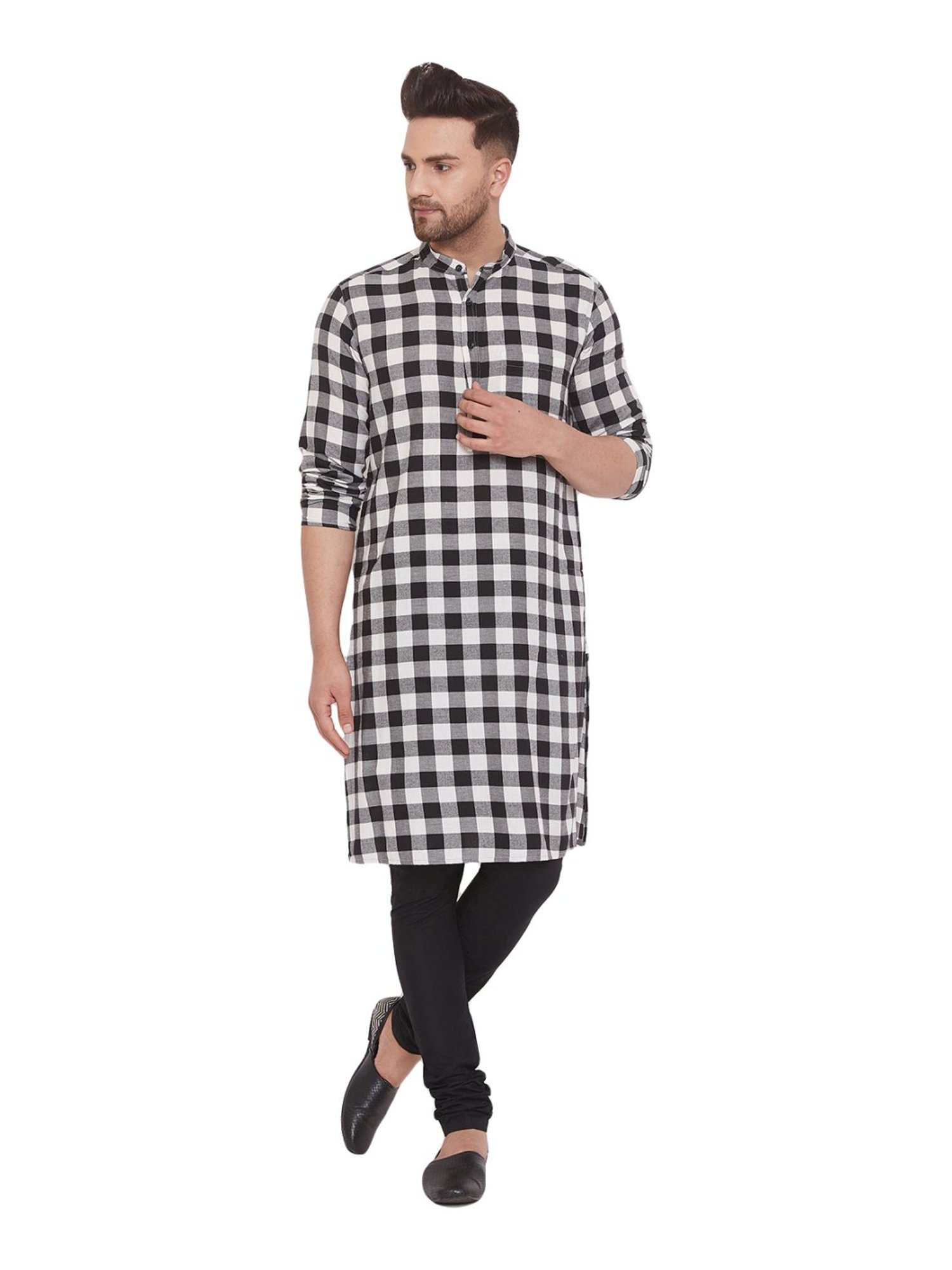 Even Black & White Cotton Regular Fit Checks Kurta