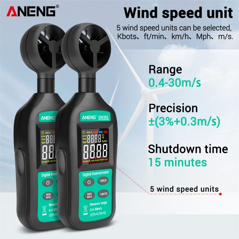 Digital Anemometer 0-30m/s Wind Speed Meter -10 ~ 45C Temperature Tester Anemometro with LCD Backlight Display Wind Speed Tester