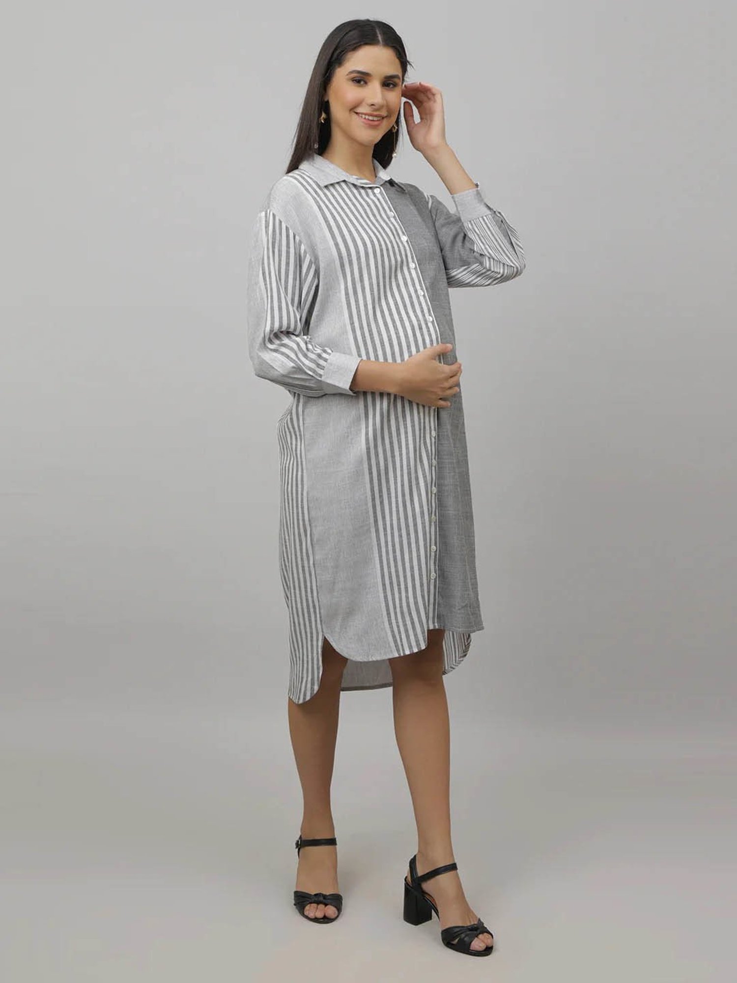 The Mom Store Grey & White Cotton Striped Maternity & Nursing Dress