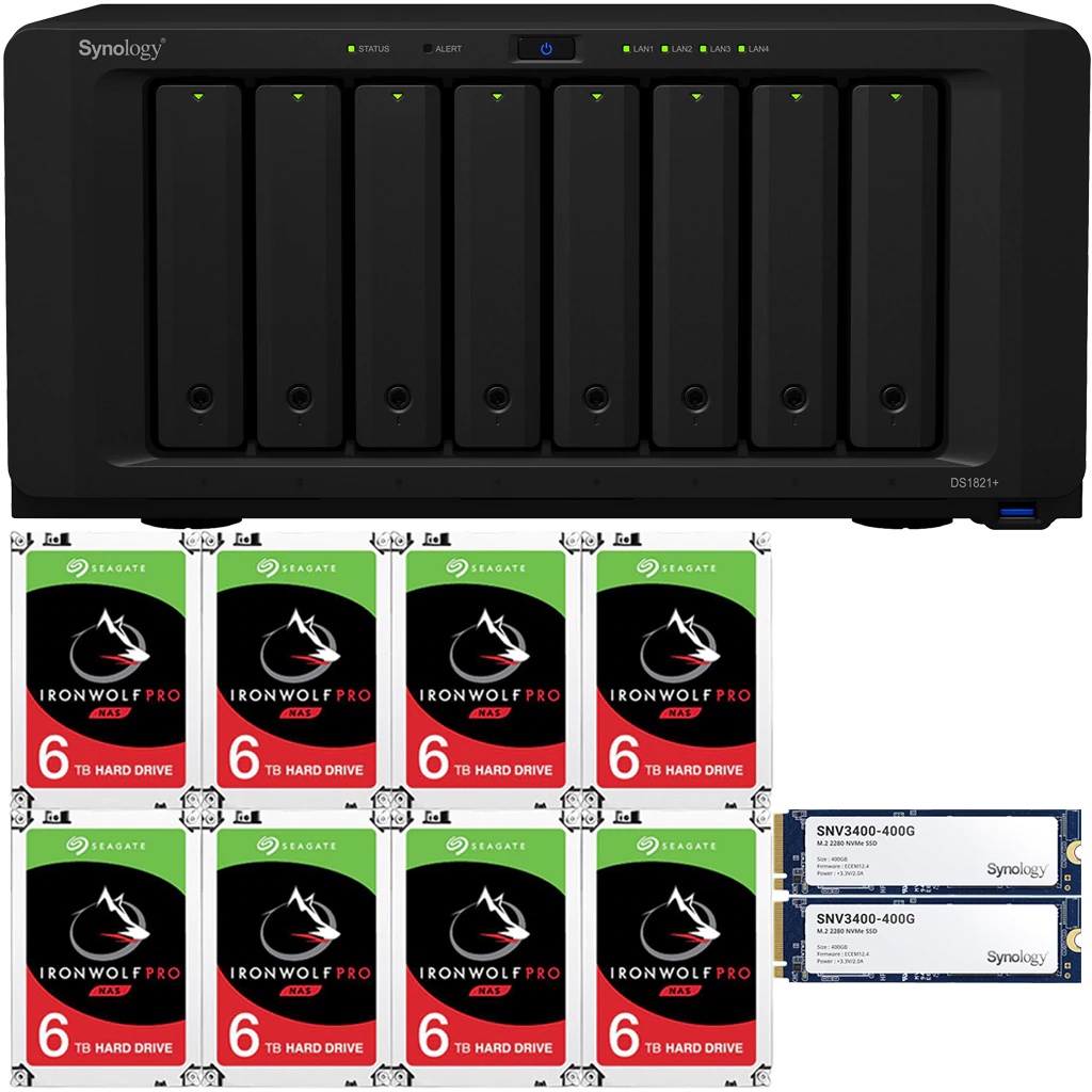 Synology DS1821+ DiskStation with 32GB RAM and 96TB (8 x 12TB) of Seagate Ironwolf PRO NAS Drives and 800GB (2x400GB) NVME Cache Fully Assembled and Tested By CustomTechSales