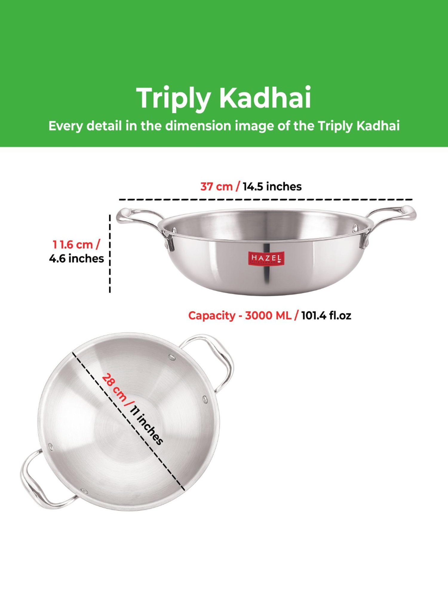 HAZEL Triply Stainless Steel Induction Bottom Kadhai With Stainless Steel Lid, 3 Litre, 26.8 cm