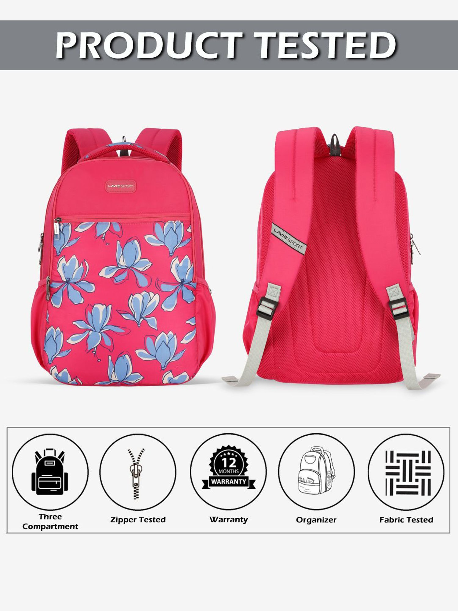 Lavie Sport Bloomy 26L Floral Printed School Backpack for Girls (Magenta)