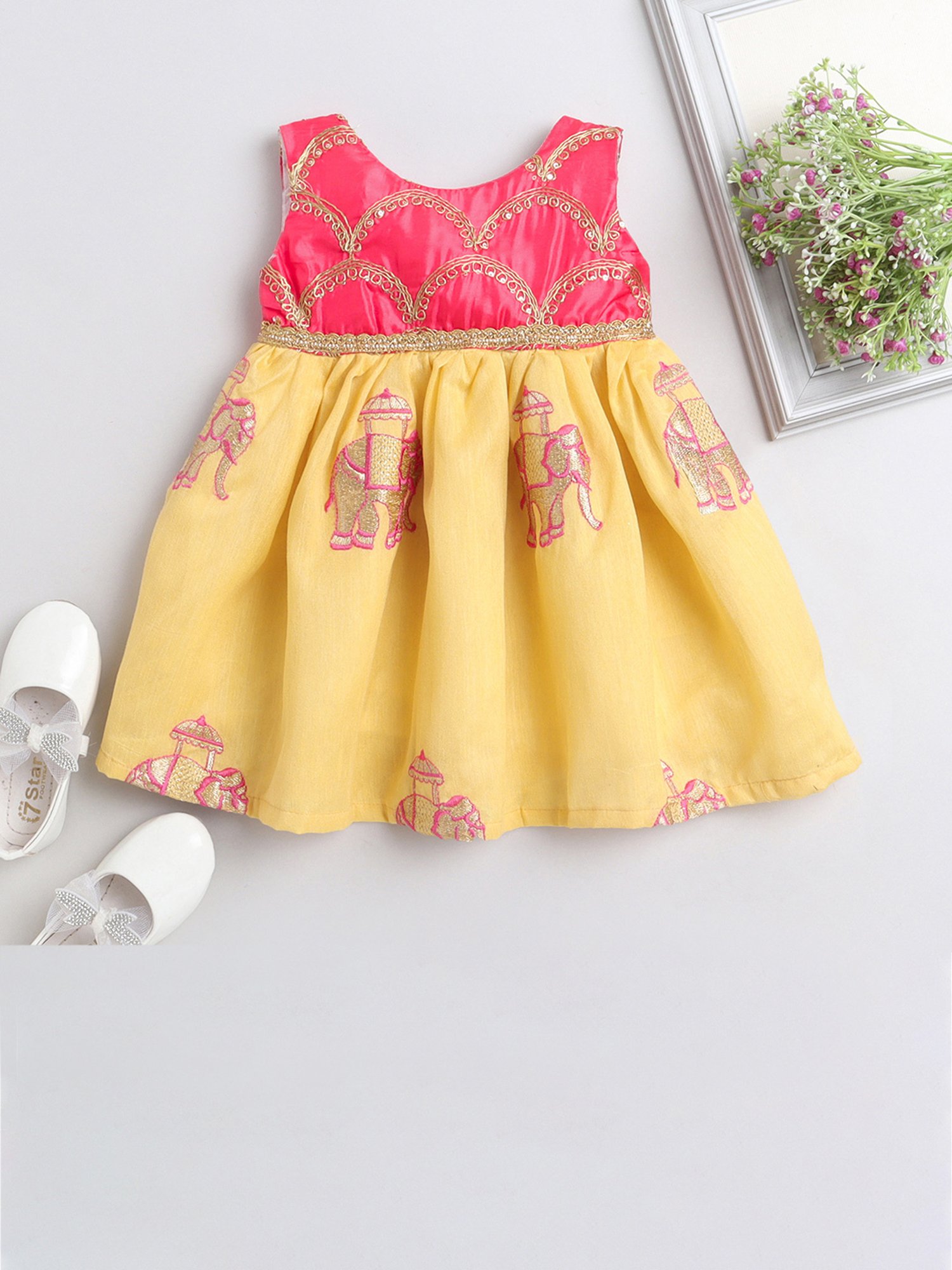 Many Frocks Kids Pink & Yellow Embroidered Dress