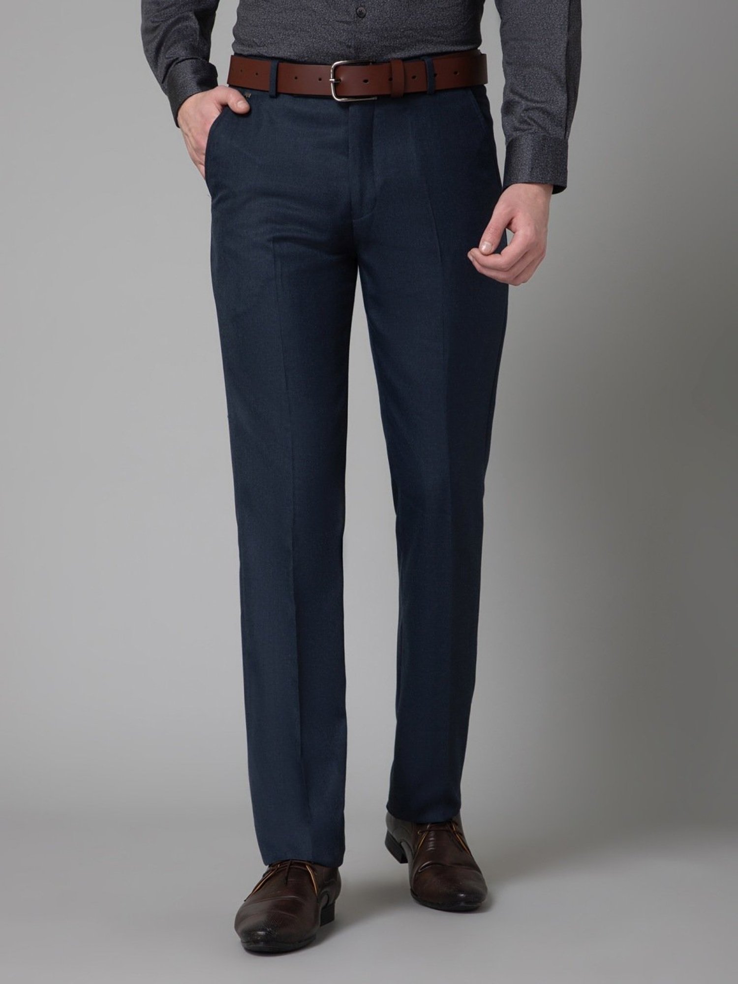 Cantabil Navy Regular Fit Self Pattern Trousers