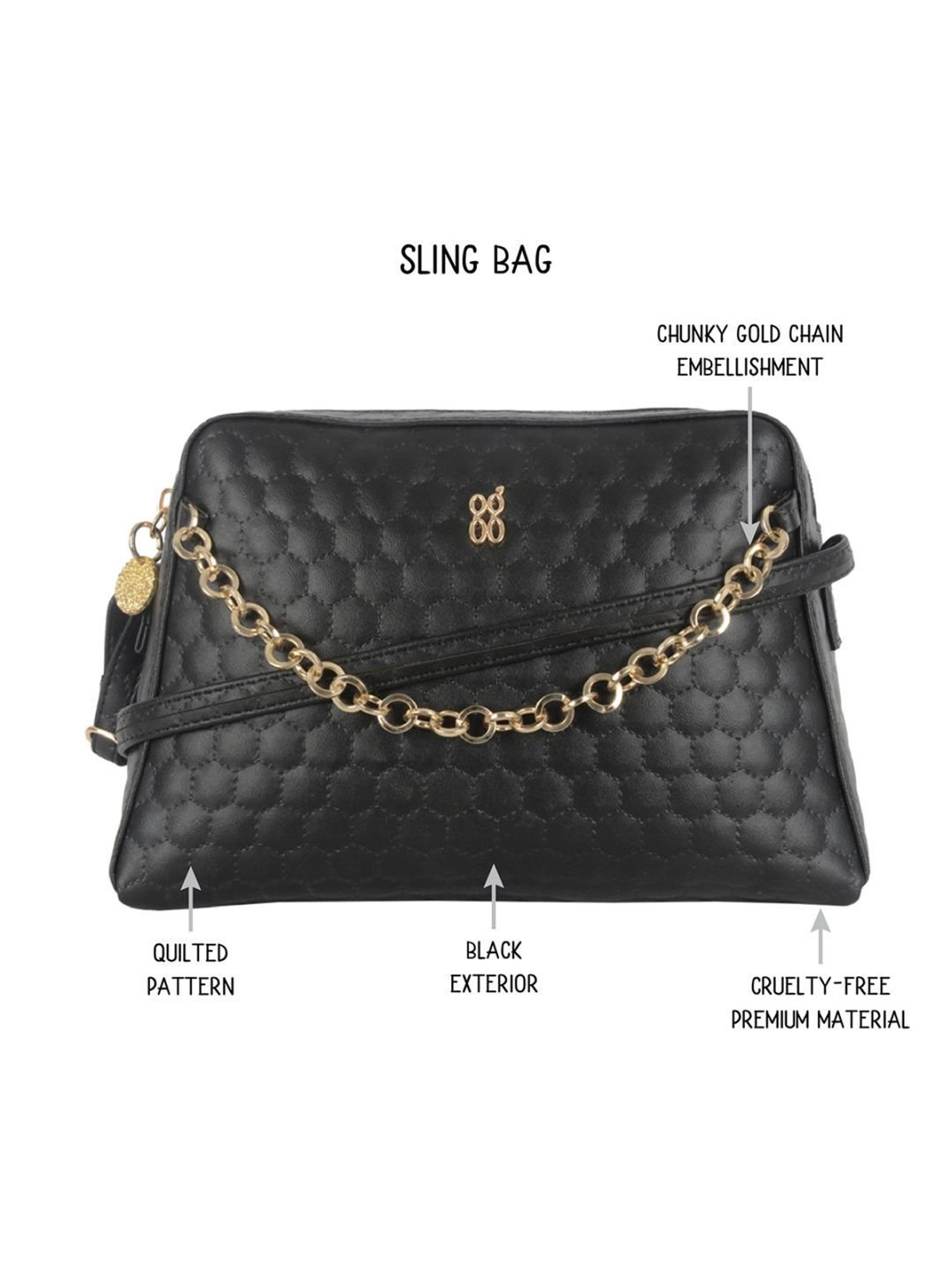 Baggit Jephers Black PU Quilted Sling Handbag