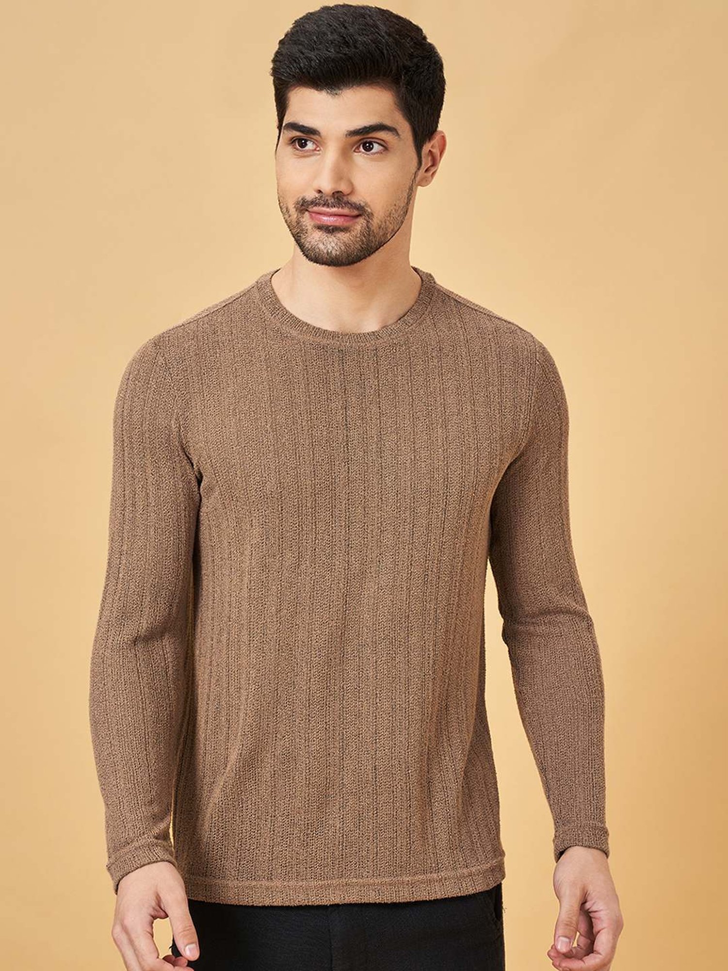 7 Alt By Pantaloons Brown Slim Fit Self Pattern T-Shirt