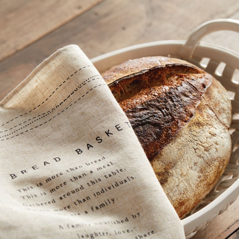 DEMDACO Large Ceramic  Bread Basket with Towel 16 x 11 - White