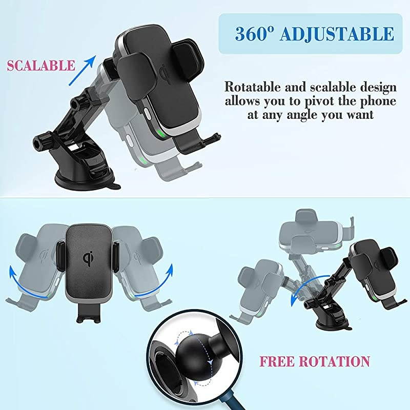 Wireless Charger Car Mount for iPhone 11ProMax iPhone SE XSX Note 10Plus Note 9 S10+S10 Fast Charging Auto Clamp Qi Phone Holder for VentWindshieldDashboard by QC Adaptor Included