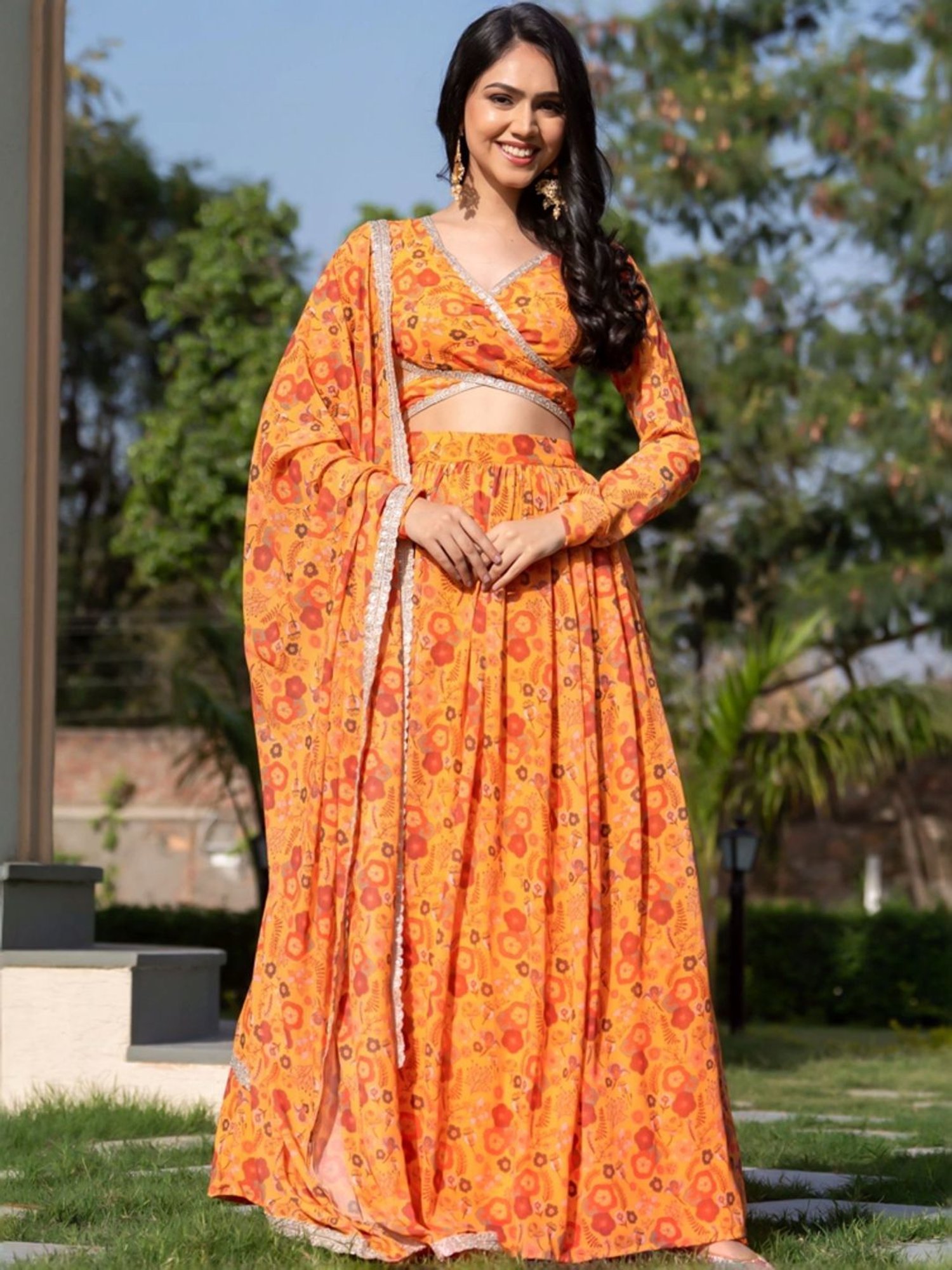 HOUSE OF JAMOTI Mustard Printed Lehenga Choli Set With Dupatta
