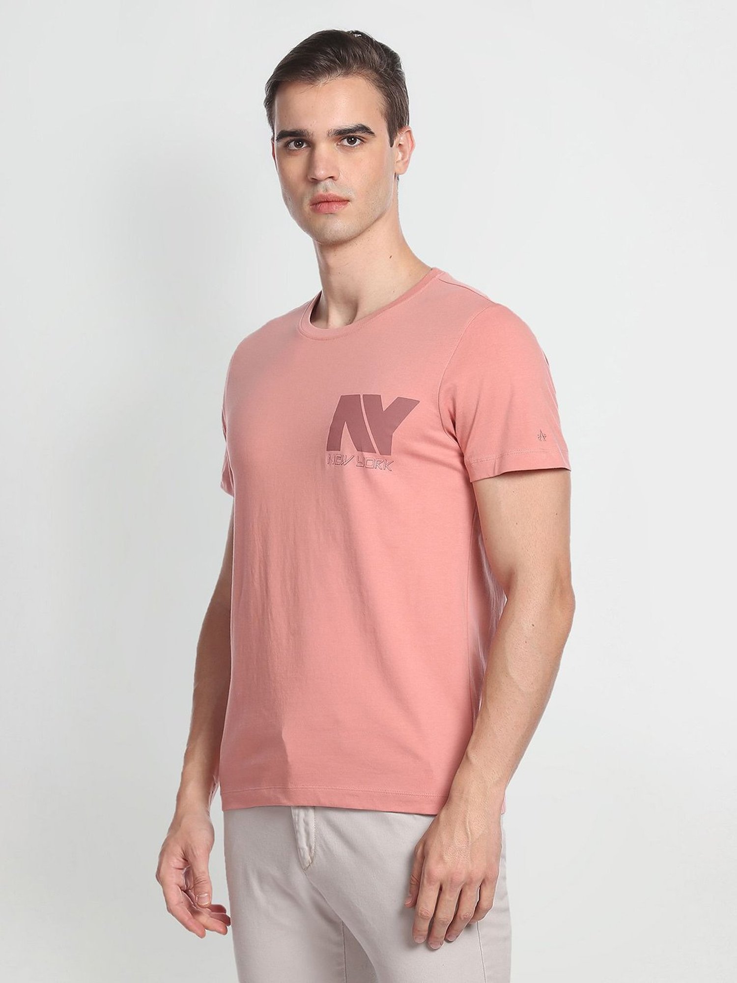 Arrow New York Dusty Pink Regular Fit Printed Cotton Crew T-Shirt