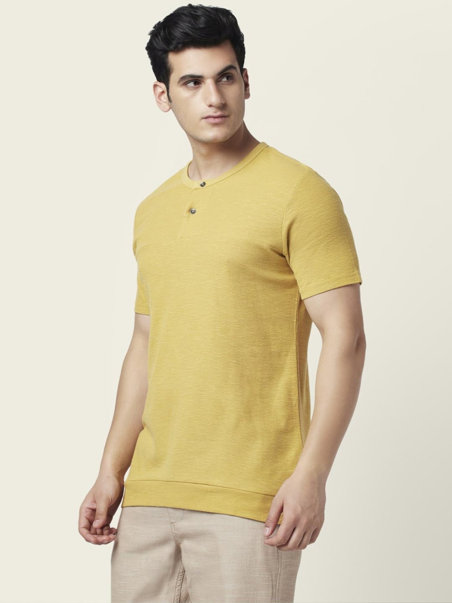 7 Alt by Pantaloons Mustard Yellow Cotton Slim Fit Self Pattern T-Shirt
