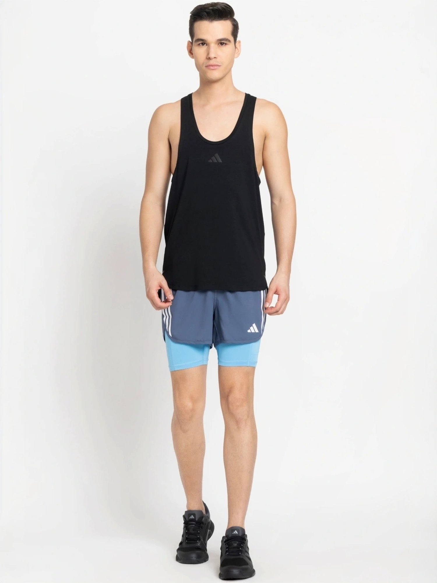Adidas Blue Regular Fit Logo Printed Sports Shorts