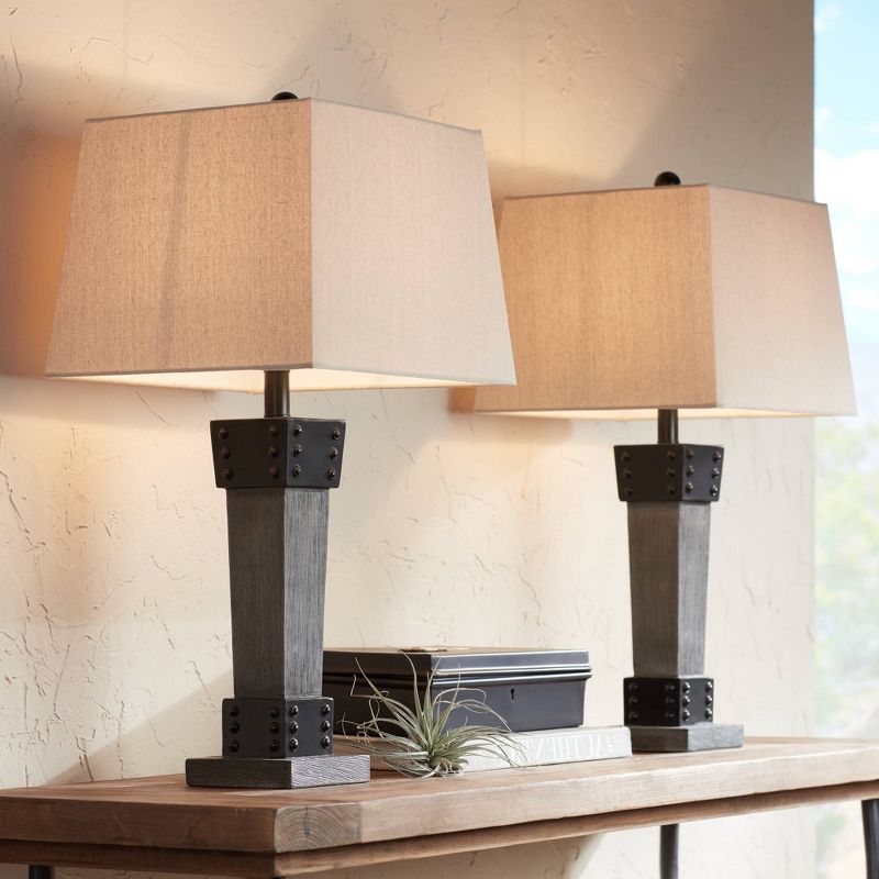 John Timberland Modern Farmhouse Table Lamps Set of 2 LED Gray Wood Dark Metal Rectangular Shade for Living Room Bedroom Bedside