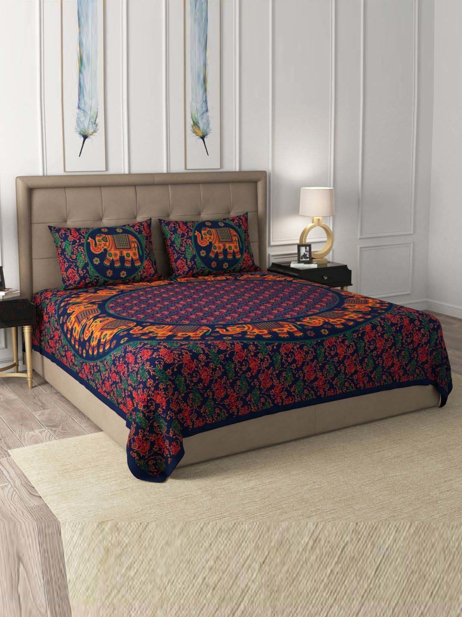 JaipurFabric Navy 100% Pure Cotton 180 TC Double Bedsheet with 2 Pillow Covers