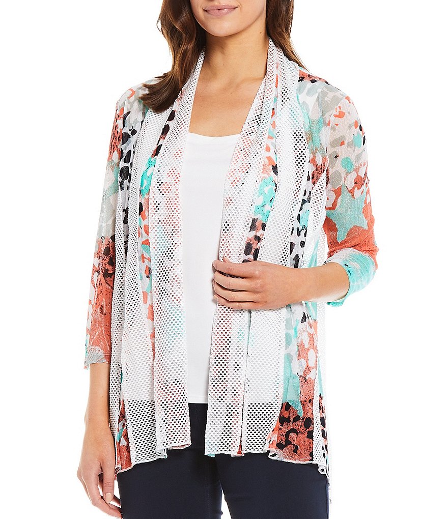 Multiples Petite Size Multicolor Abstract Dot Print Onionskin Shawl Collar Solid Mesh Open-Front Jacket