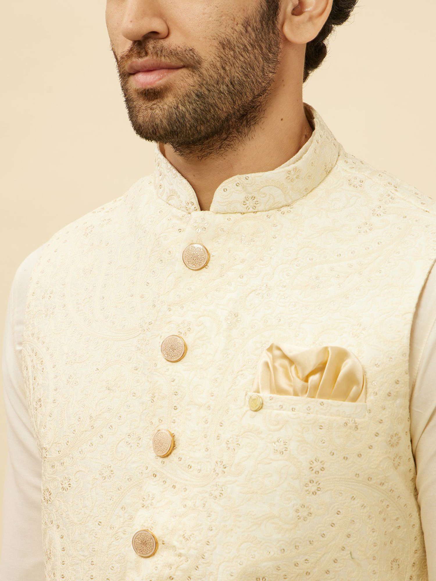Manyavar Cream Regular Fit Self Design Nehru Jacket