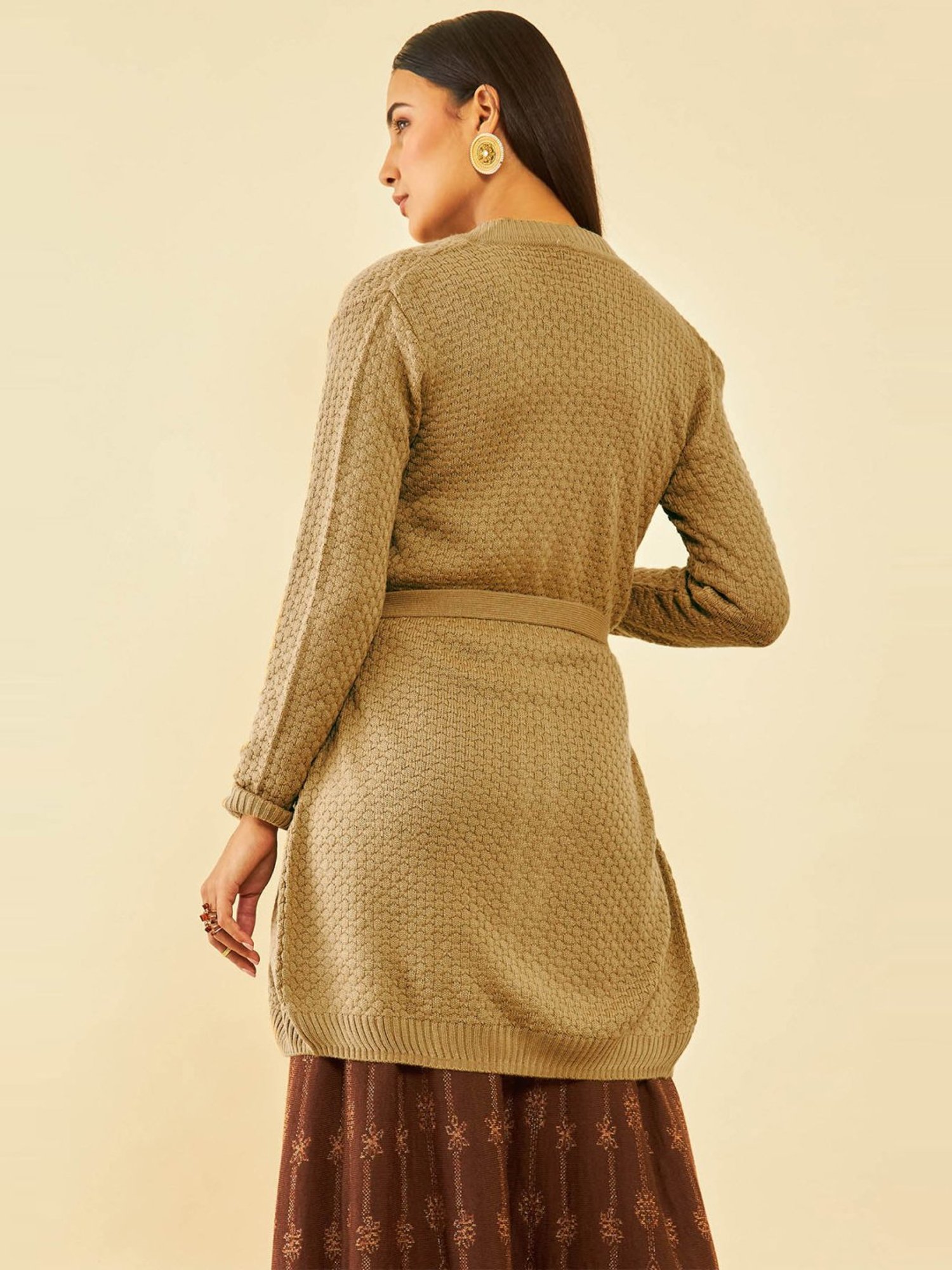 Soch Beige Acrylic Knitted Open-Front Longline Shrug with Waist Tie-Up