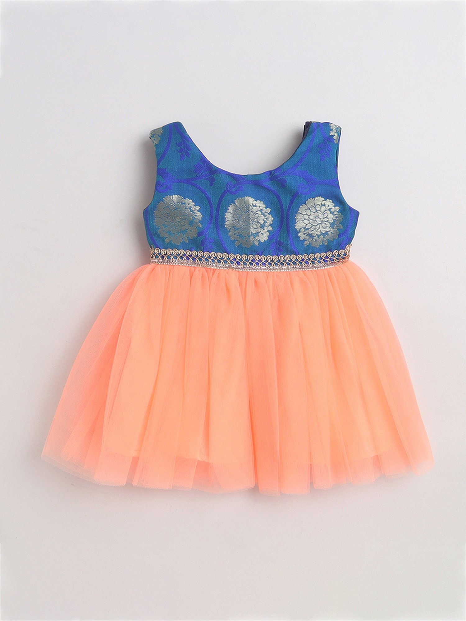 Many Frocks Kids Blue & Peach Self Design Dress