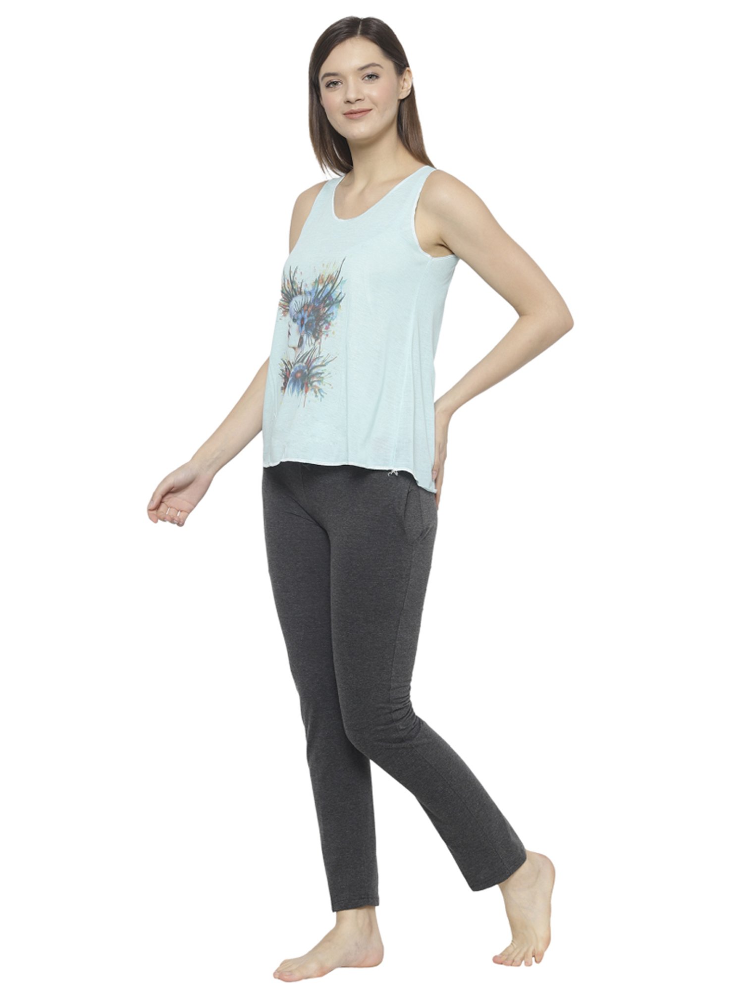 Vimal Jonney Green & Grey Cotton Printed Tank Top Track Pants Set