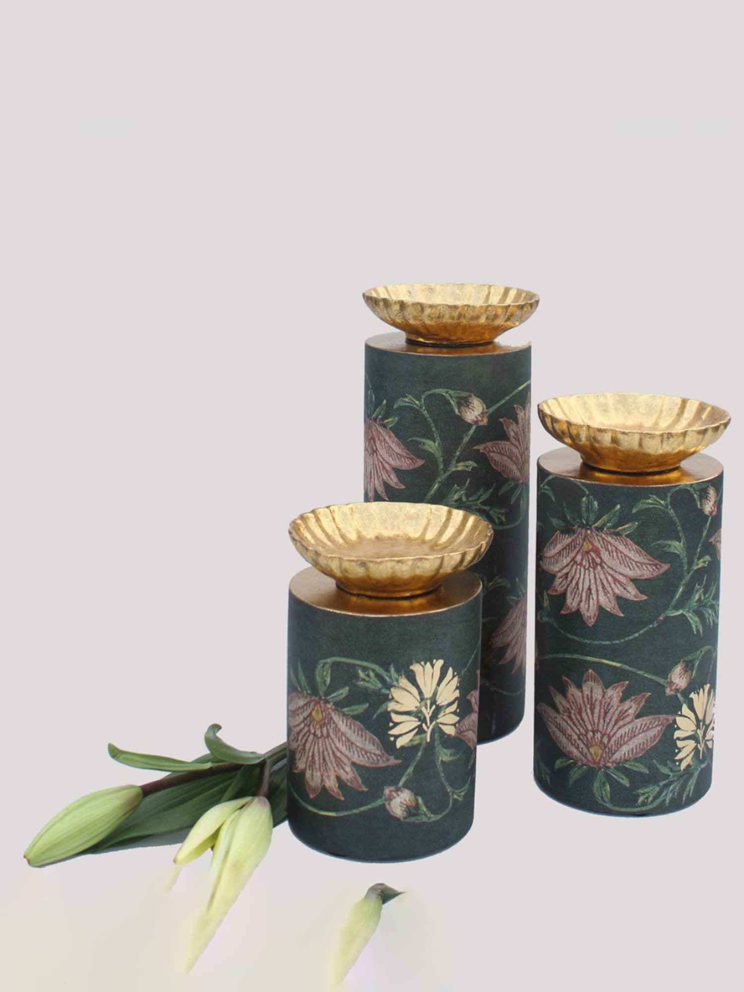Karo Aafiya Printed Dark Green Wood Large Pillar Candle Holder