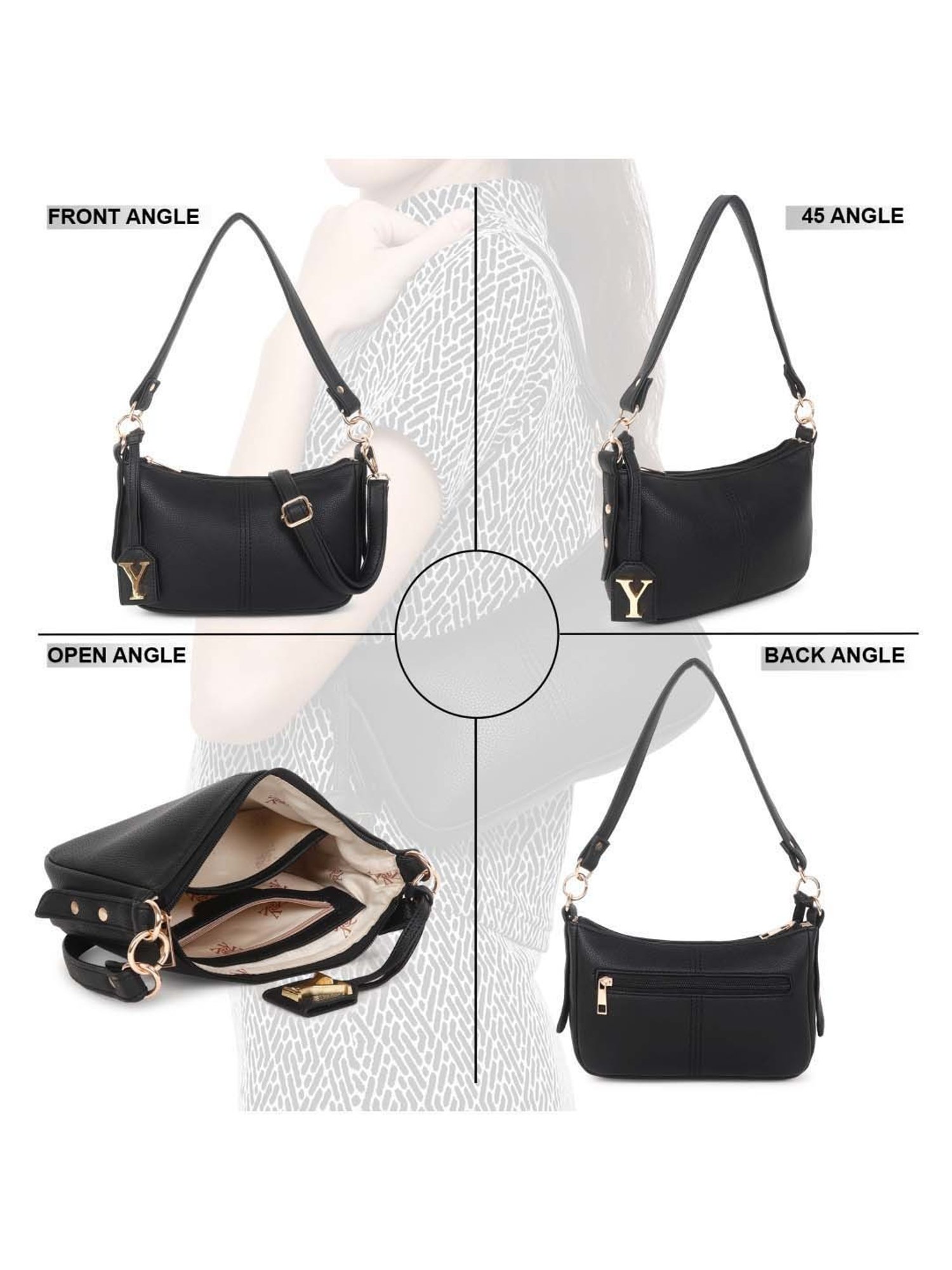 Yelloe Black Solid Medium Baguette Bag