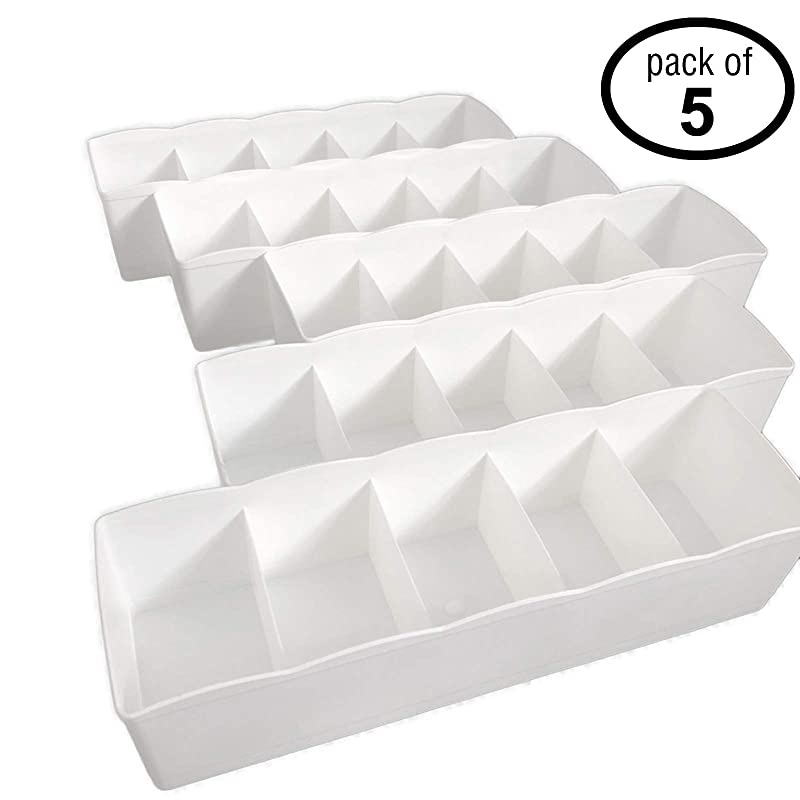 Dividers for Underwear, Office, Bathroom & Crafts in Sturdy Plastic - Washable & Sleek (FIVE pack, 5-Grid White)