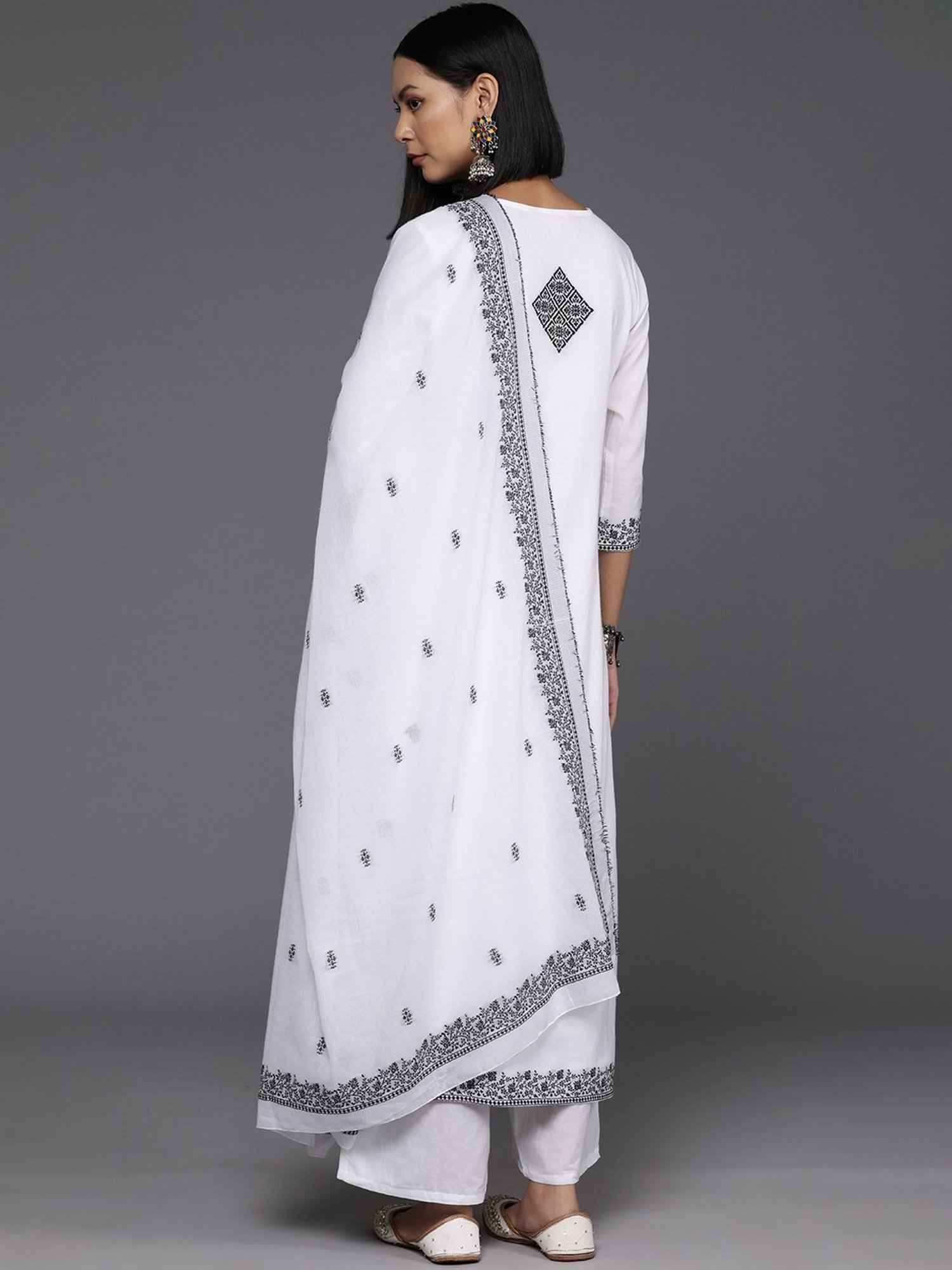 Varanga White Cotton Embroidered Kurta Palazzo Set With Dupatta