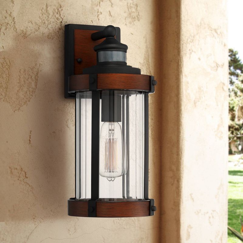 John Timberland Industrial Outdoor Wall Light Fixture Dark Wood Black 15 1/2" Motion Sensor Clear Glass for Exterior House Porch