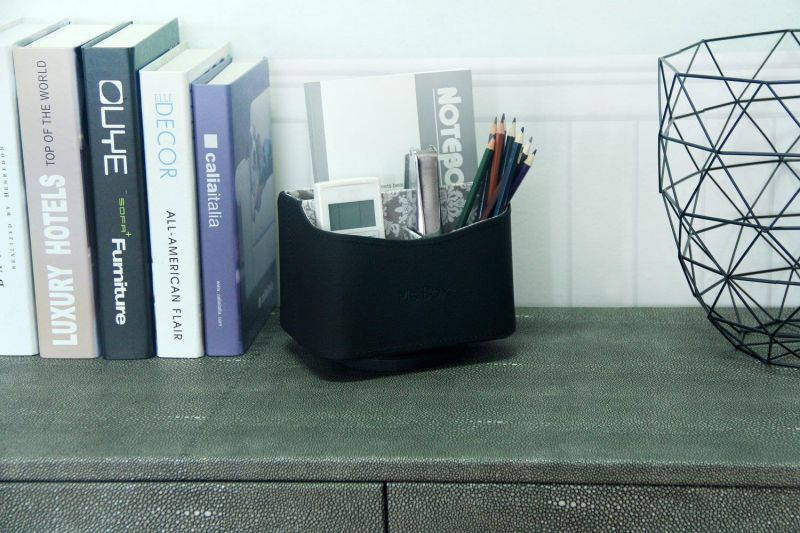 Spinning Rotating Smoothly Remote Control/Controller Holder Organizer, Remote Caddy with Beautiful Pattern&Soft lining, Desktop Organizer for Home/Office, Black PU Leather, 7.3x 5.5 x 6 inches