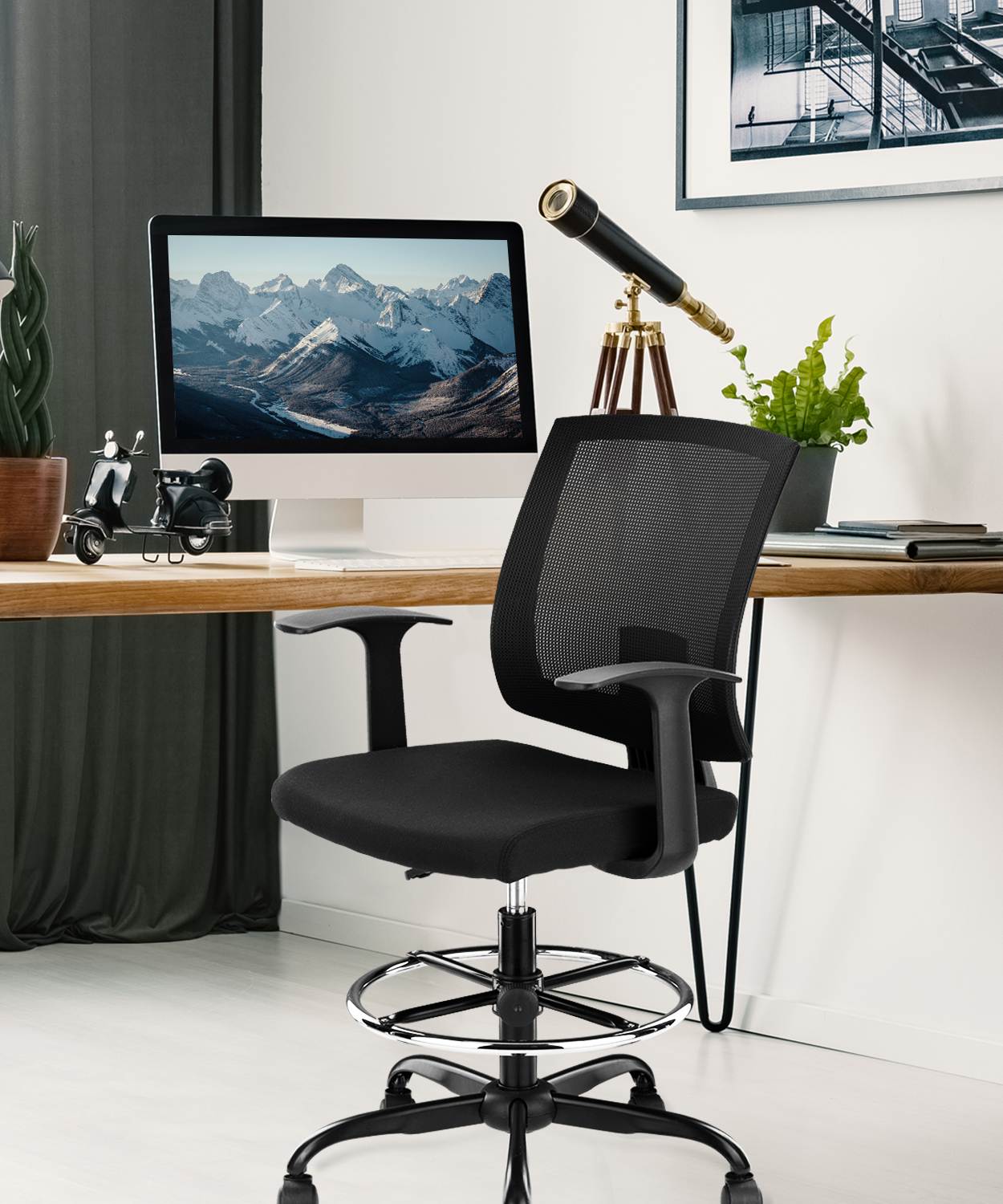 CLATINA Adjustable Drafting Chair with Breathable Mesh Backrest and Foot Ring for Home Office Black 1 Pack