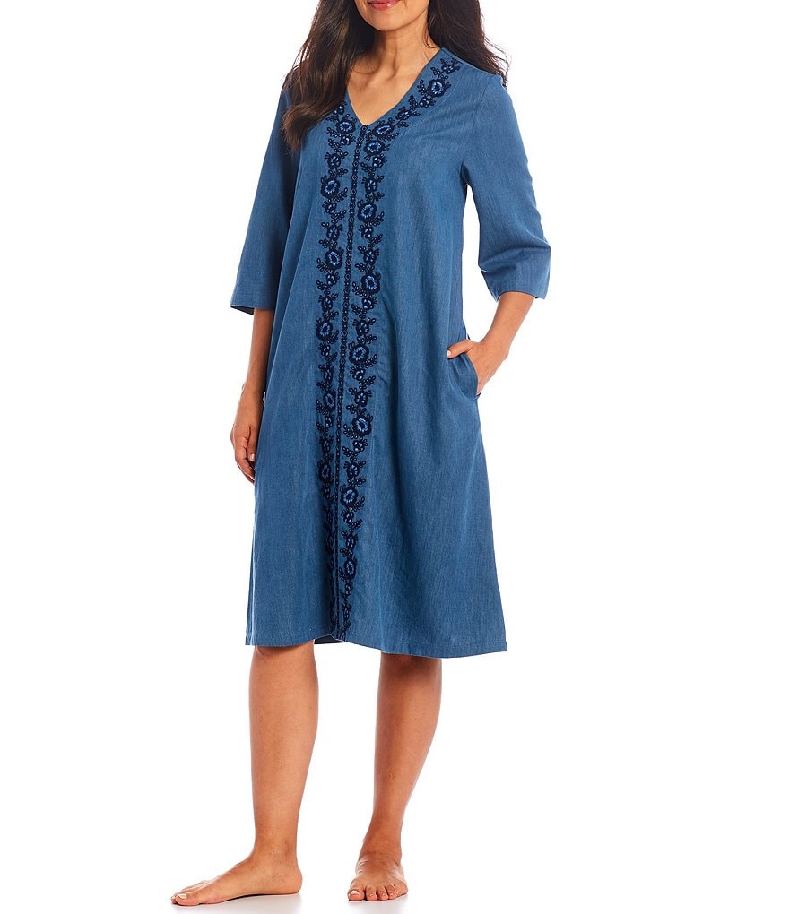 Go Softly Embellished Embroidered V-Neck 3/4 Sleeve Denim Caftan