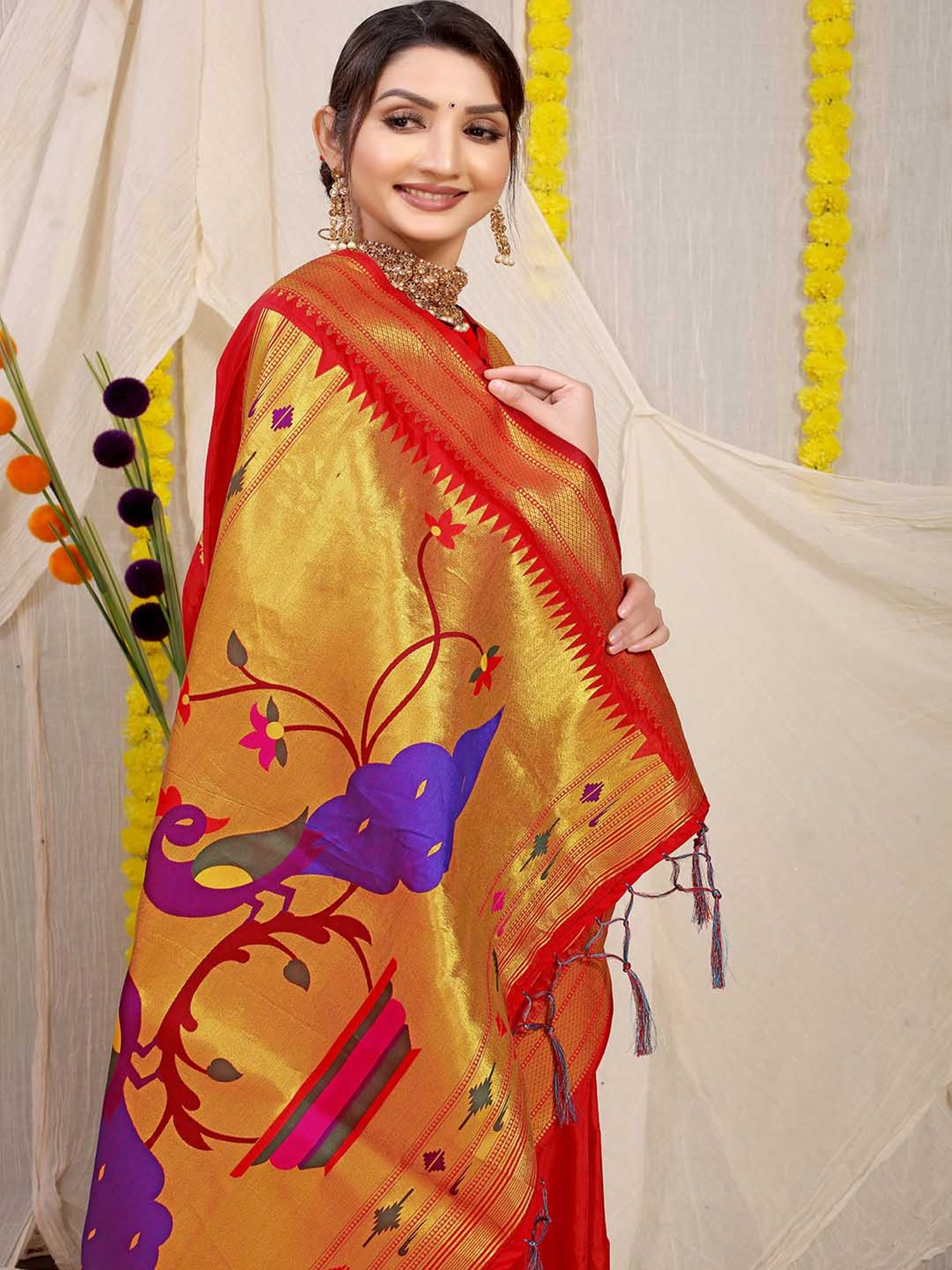 SHUBHKALA Red Silk Woven Saree With Unstitched Blouse