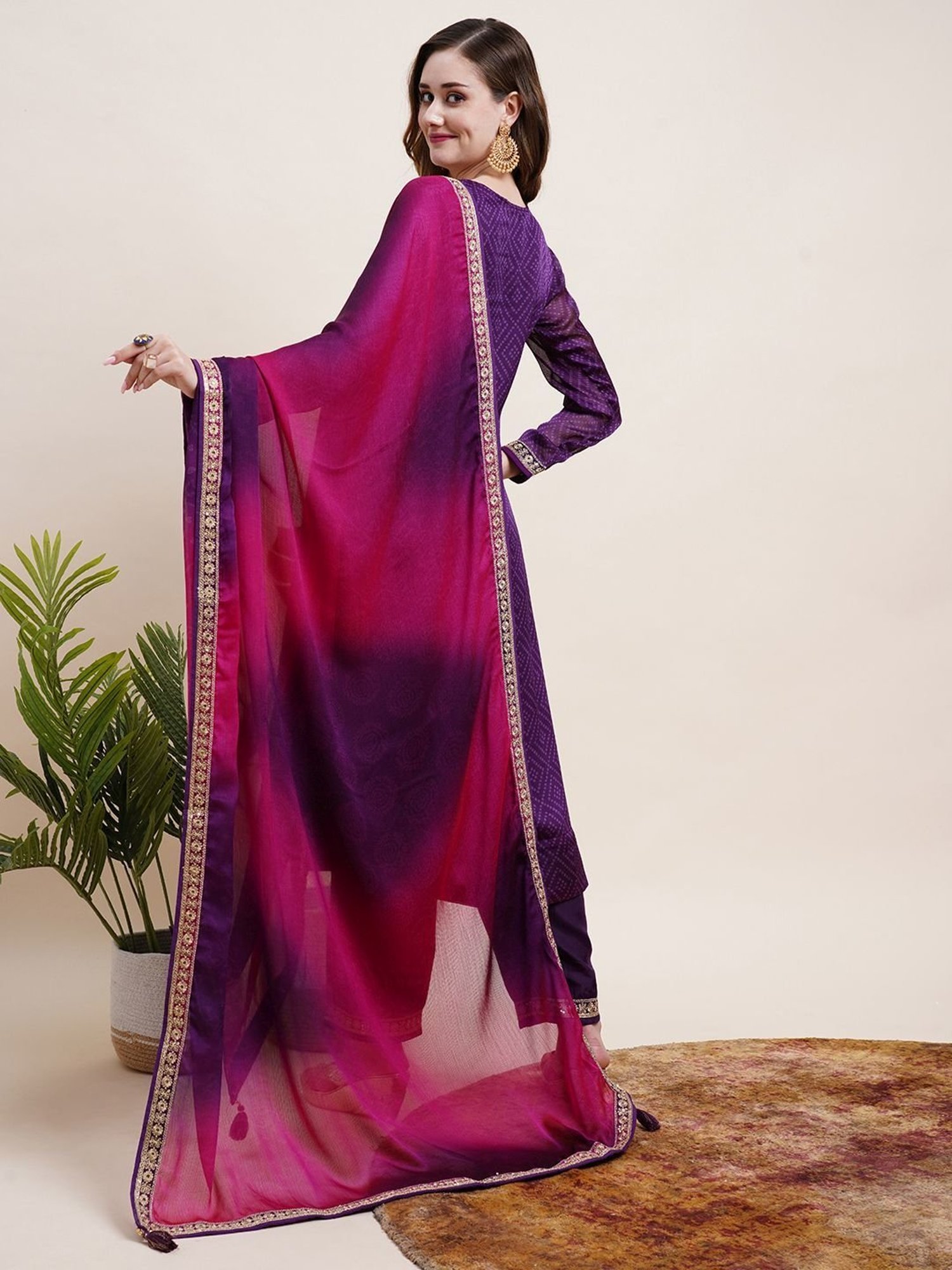 Fashor Purple Printed Kurta Pant Set With Dupatta