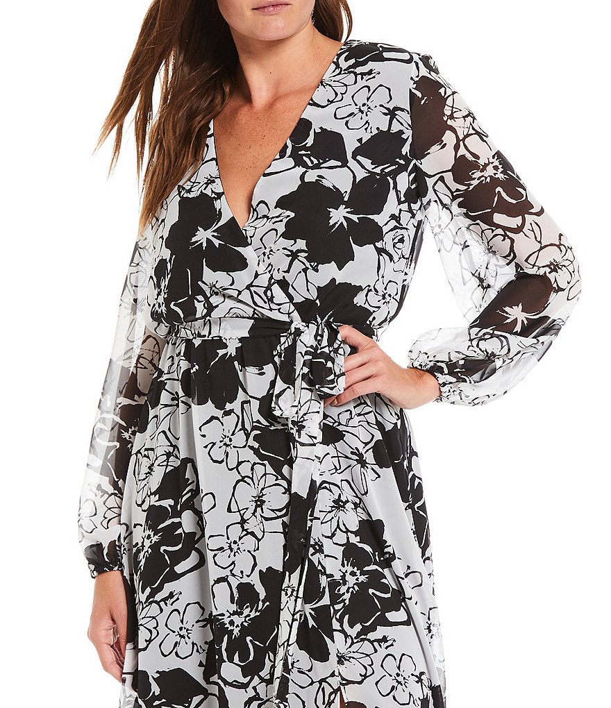 Marina Long Sleeve Floral Printed V-Neck Long Sleeve Wrap Maxi Dress