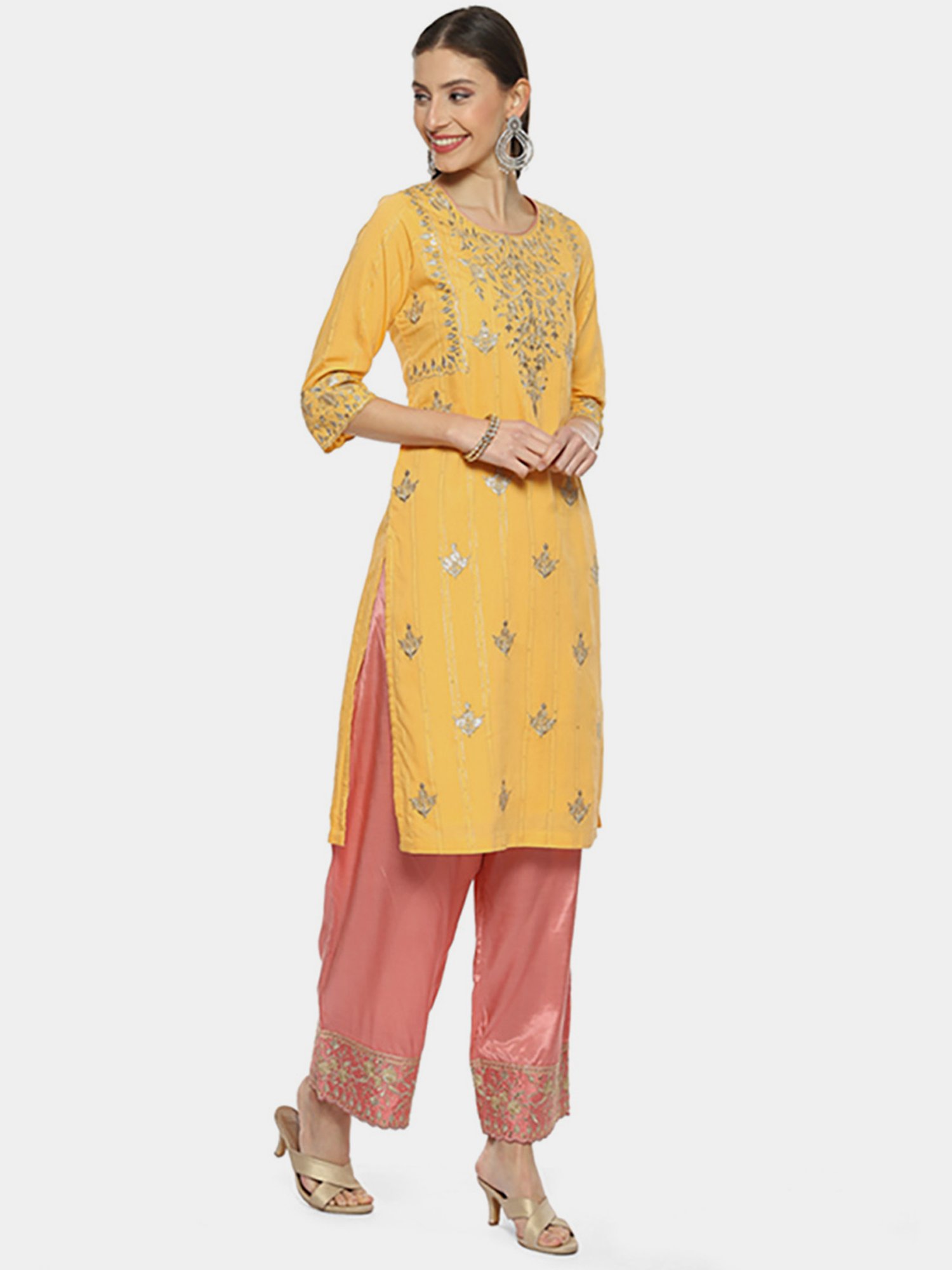 Biba Yellow & Pink Embroidered Kurta Palazzo Set With Dupatta