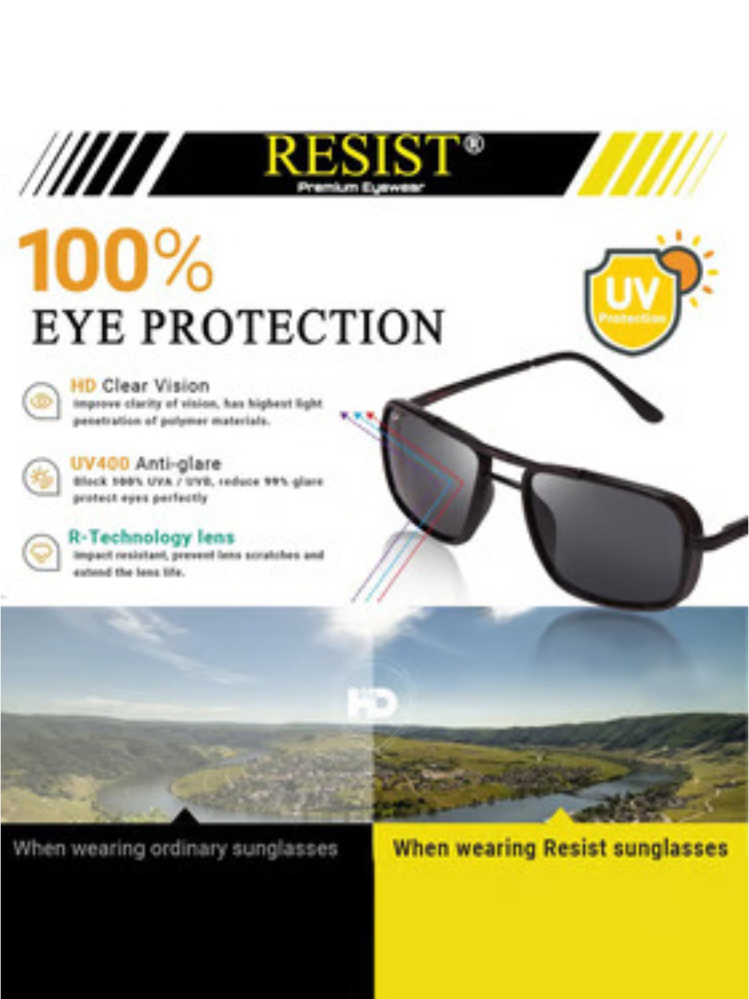 Resist Eyewear Black Rectangular Unisex Sunglasses