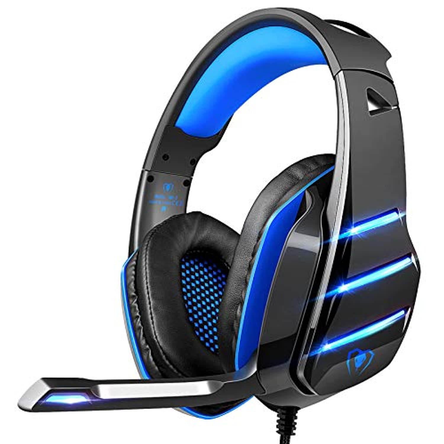 PS4 Gaming Headset with Mic, Beexcellent Newest Deep Bass Stereo Sound Over Ear Headphone with Noise Isolation LED Light for PC Laptop Tablet Mac (Blue) (GM-3blue-us)