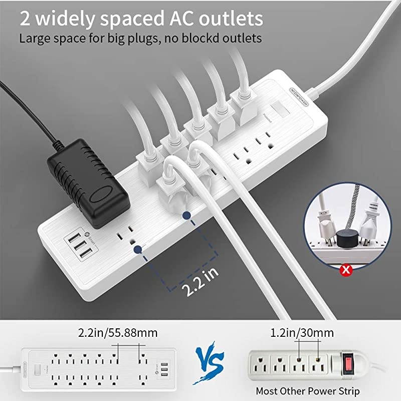 Power Strip with USB,  Flat Plug Surge Protector, 10 Ft Extension Cord ,12 Outlets and 3 USB Ports, 2100 Joules,1875W/15A, Wall Mount for Home Office Accessories, White