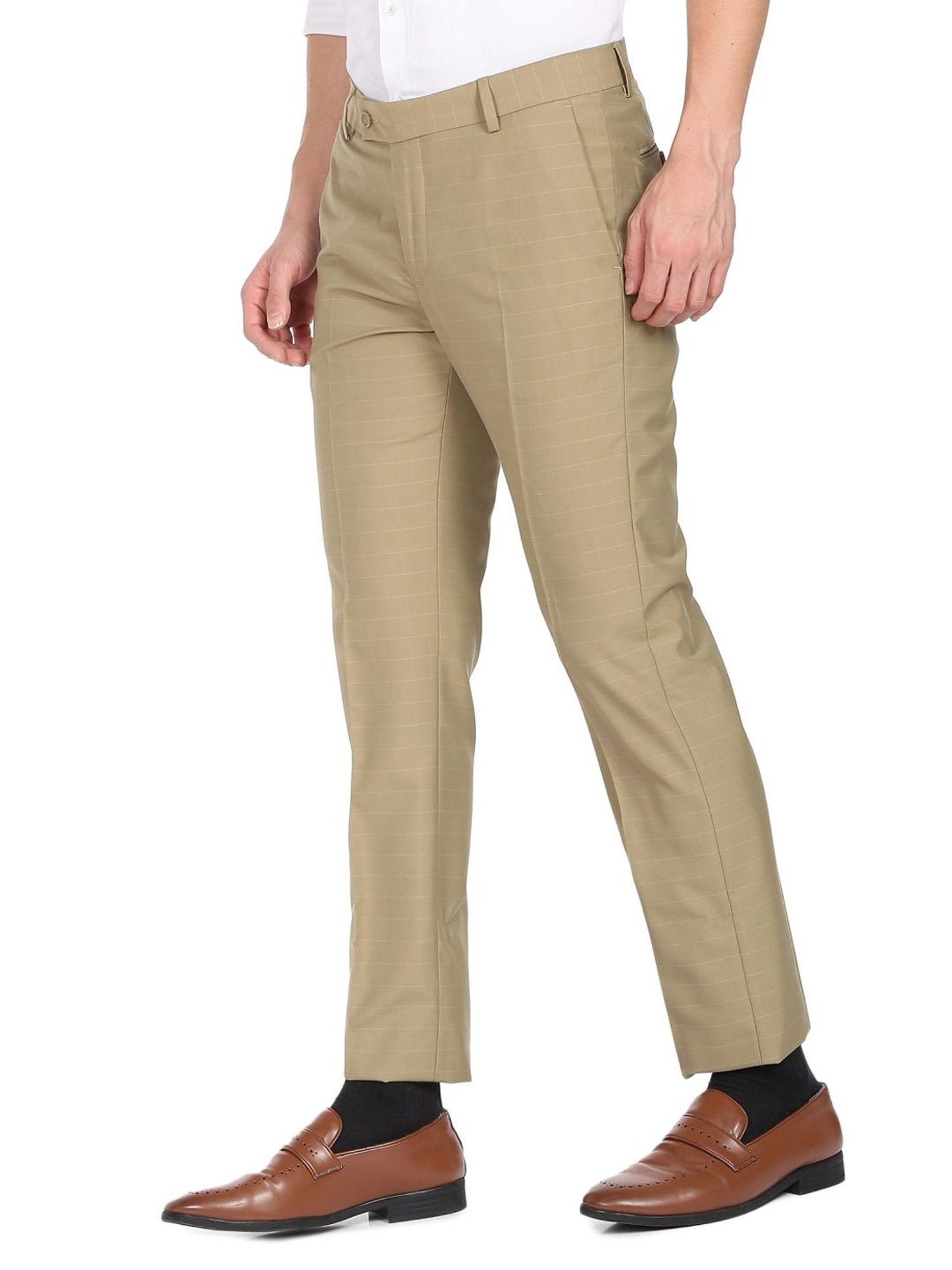 Arrow Khaki Regular Fit Checks Trousers