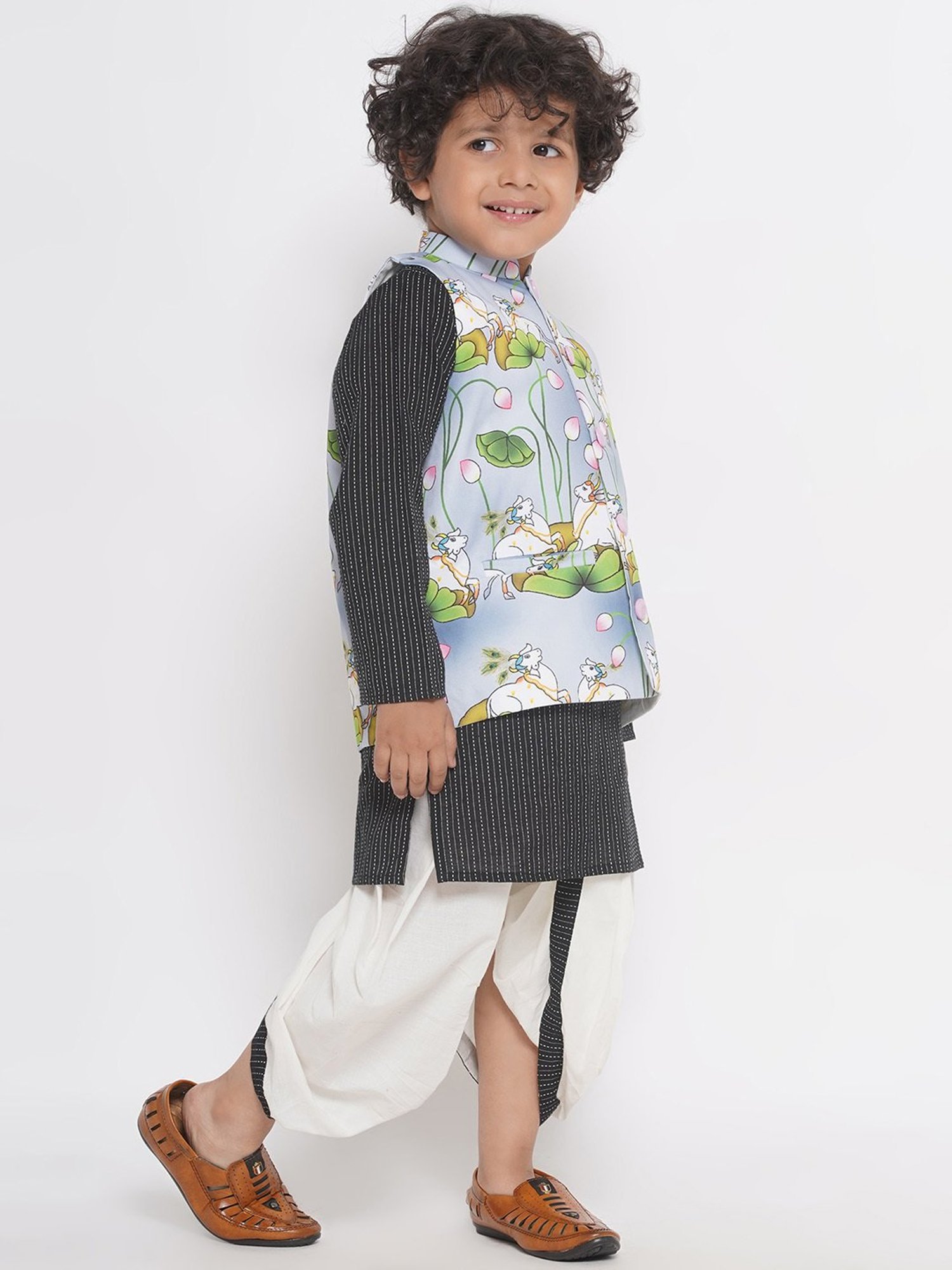 Little Bansi Kids Multicolor Printed Full Sleeves Kurta, Dhoti with Jacket