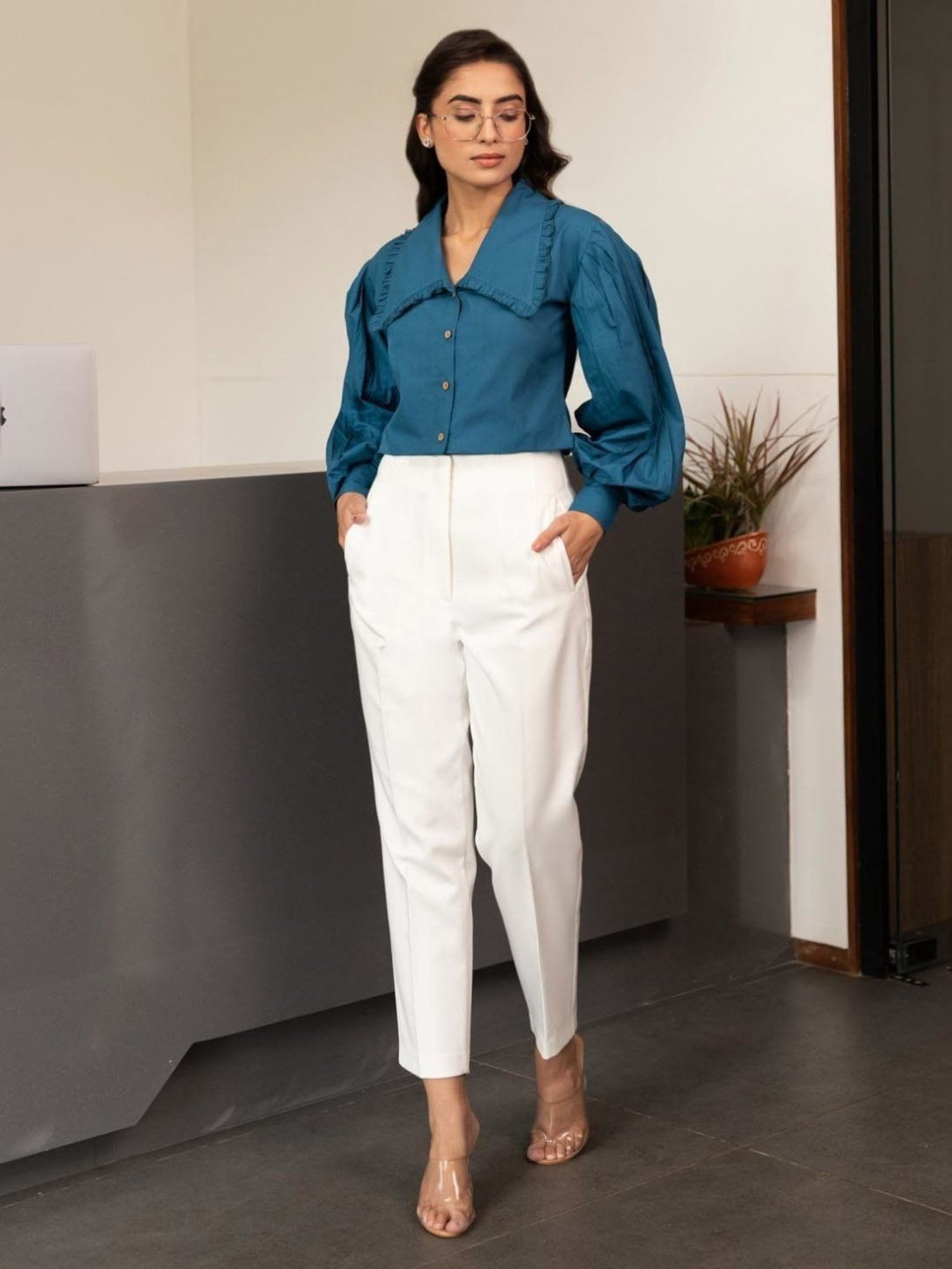 BInfinite Prussian Blue Baloon Sleeve Shirt and White Trousers