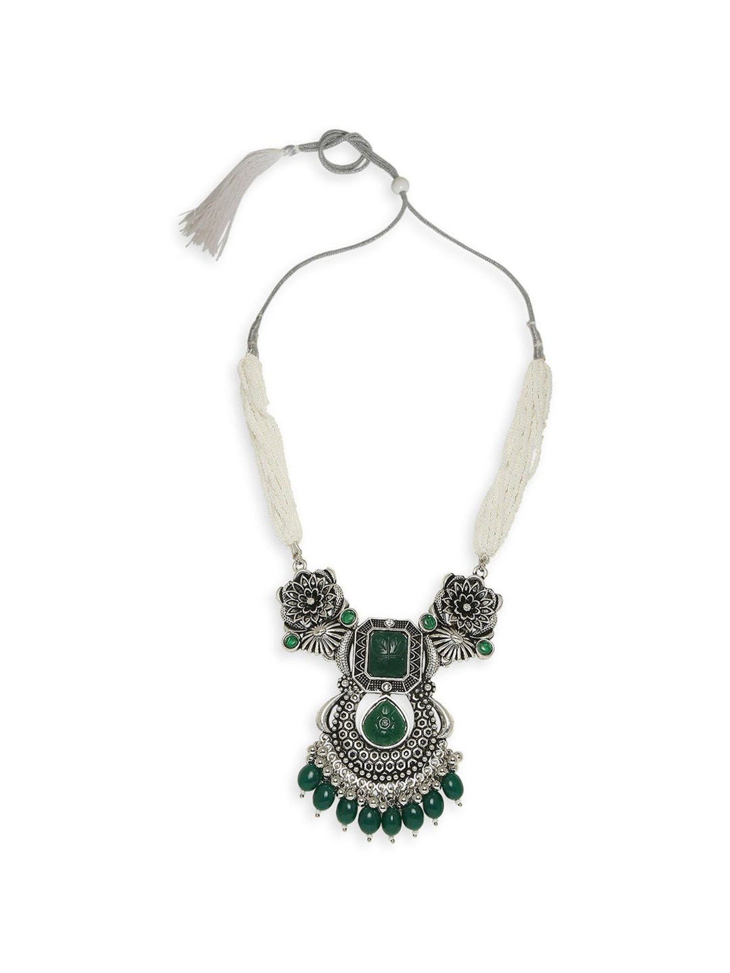 OOMPH Oxidized Silver Tone Green Jaipur Stones Ethnic Necklace Set with Drop Earrings