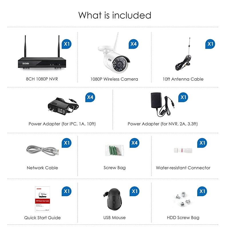 Wireless Security Cameras System H.265+ 8Channel 1080P Video Surveillance NVR and 4pcs HD 1080P 2.0MP Weatherproof WiFi IP Cameras with 65ft Night Vision,Motion Detection,No Hard Drive