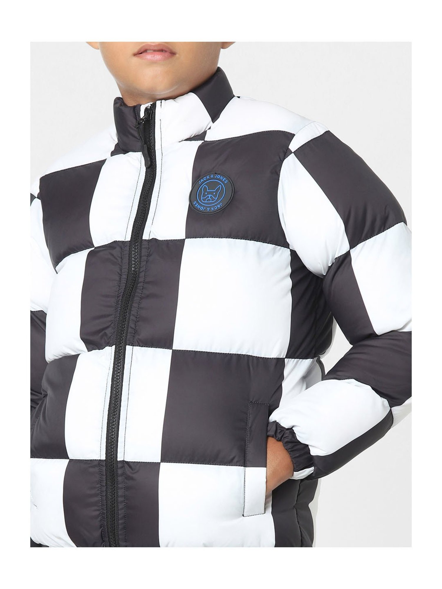 Jack & Jones Junior White & Black Checks Full Sleeves Jacket
