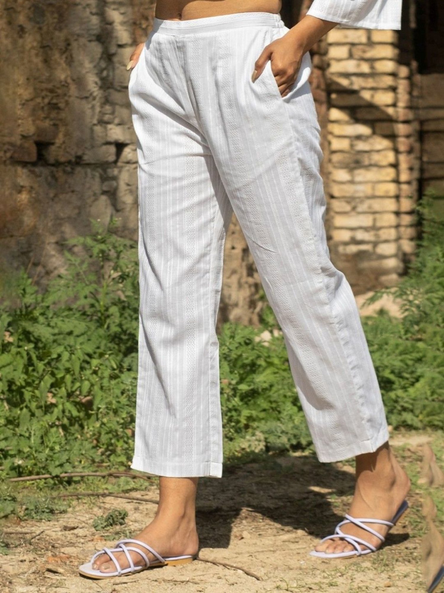 Akiso Kora Striped White Cotton Straight Pants