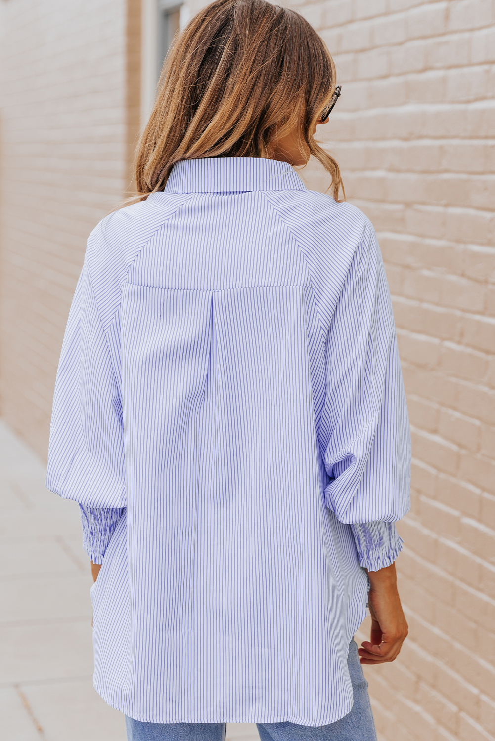 Light Blue Casual Striped Shirred Cuffs Shirt