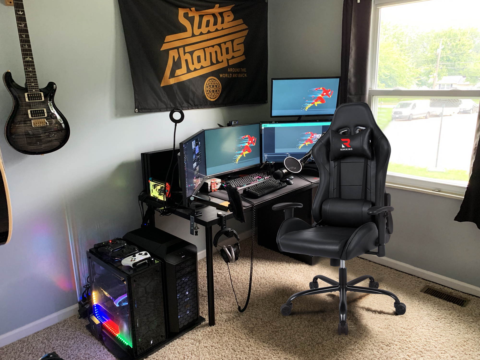 RIMIKING Massage Racing High Back Ergonomic  Computer Gaming Chair  Soft Headrest&Backrest Desk Chair Swivel Adjustable Armrest  Office Chair