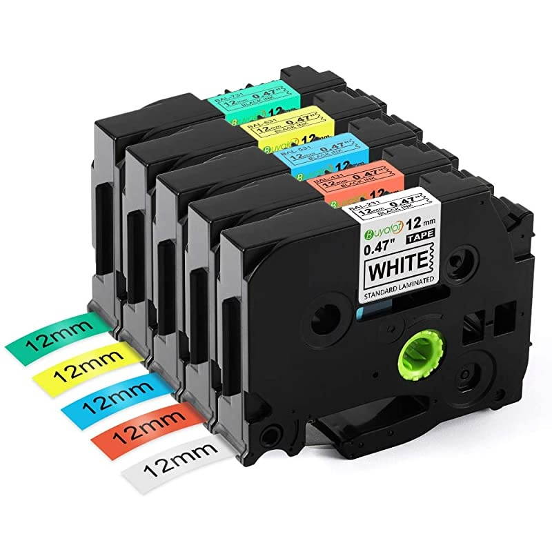 Compatible Label Tape Replacement for Brother PTouch 12mm 0.47 Inch Laminated TZe TZ Tape Black on White/Red/Blue/Yellow/Green Work with Brother PT D210 H110 D600 Label Maker, 5-Pack