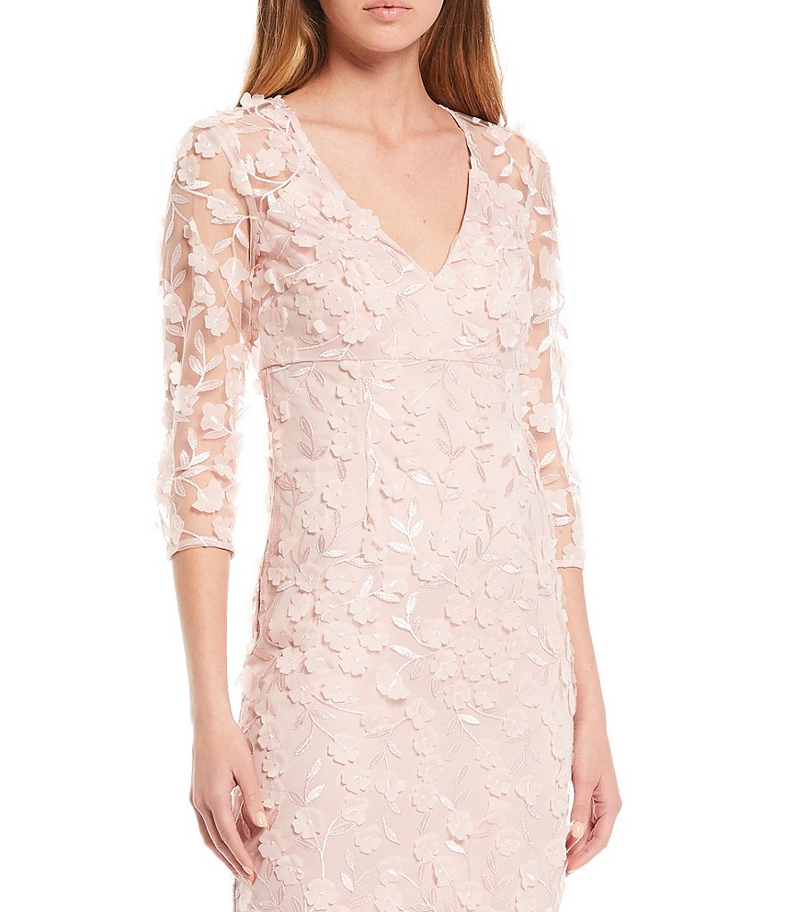 Eliza J 3D V-Neck 3/4 Sheer Sleeve Floral Mesh Sheath Dress