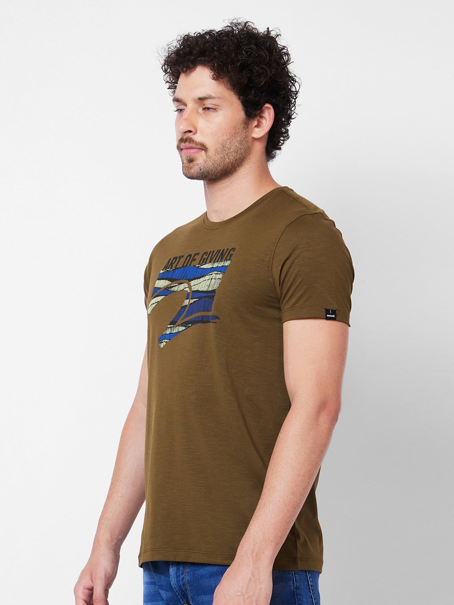 Spykar Olive Slim Fit Graphic Print Crew T-Shirt